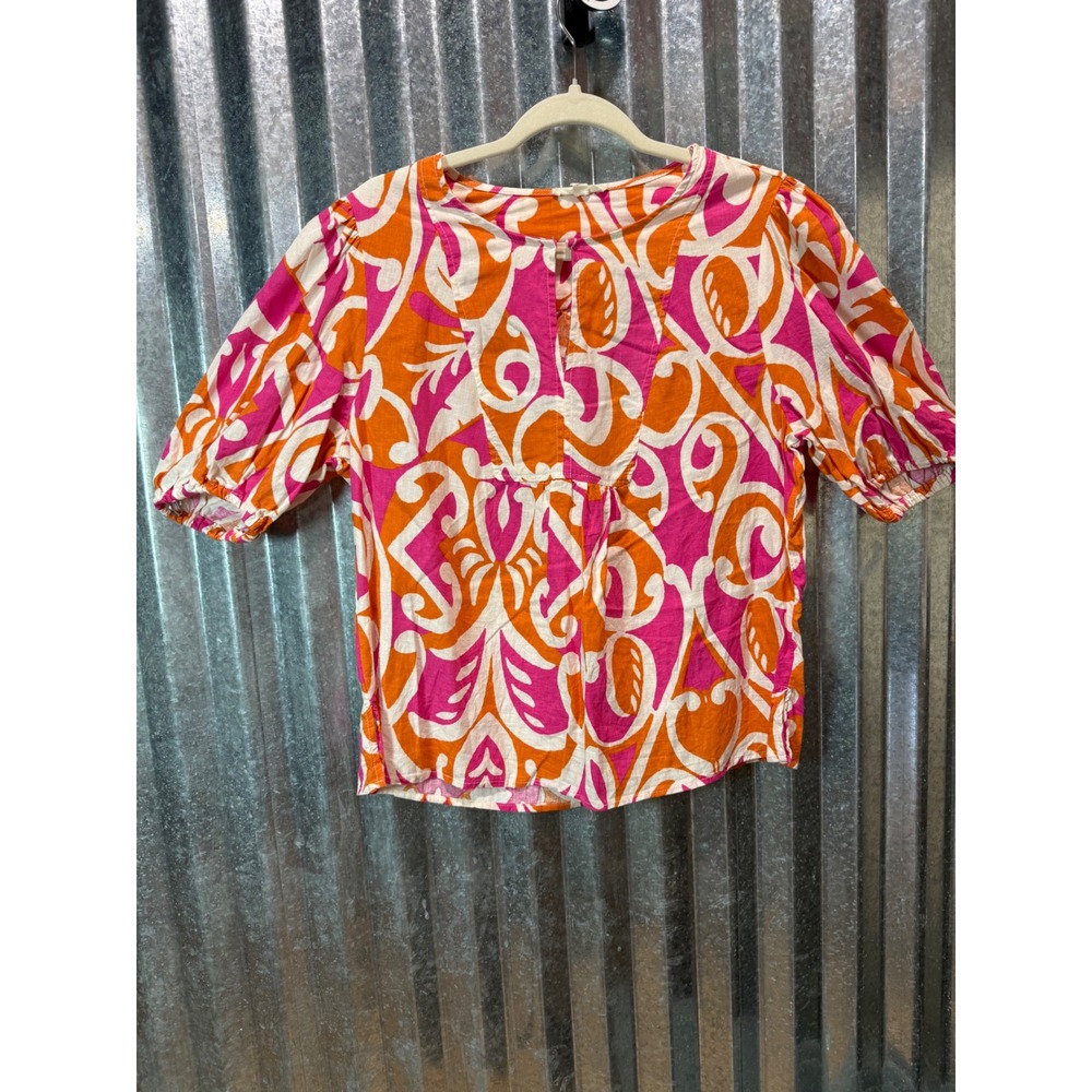 Christian Siriano New York Pink Orange Abstract Print Puff Sleeve Blouse Large